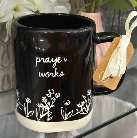 New Rae Dunn black iridescent ceramic coffee mug PRAYER WORKS