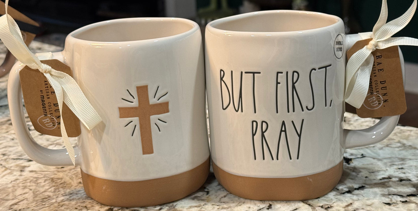 New Rae Dunn ceramic clay bottom coffee mug BUT FIRST, PRAY