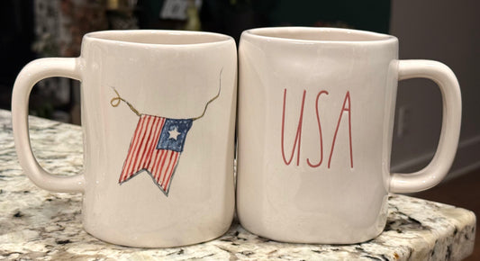 New Rae Dunn Americana ceramic coffee mug USA flag banner back