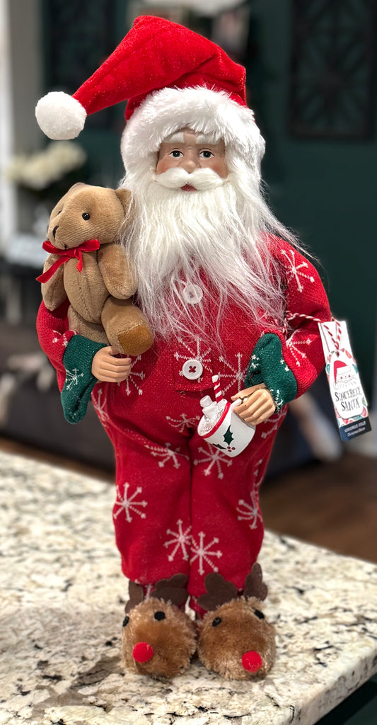 New large pajama Santa with reindeer slippers, bear, mug Christmas decor figure 19” tall