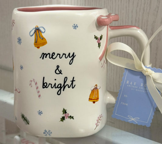 New Rae Dunn ceramic Christmas coffee mug MERRY AND BRIGHT