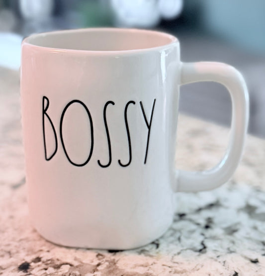 New Rae Dunn white ceramic coffee mug BOSSY