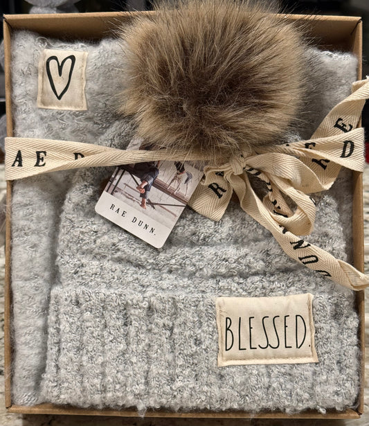 New Rae Dunn gray BLESSED scarf and beanie gift set