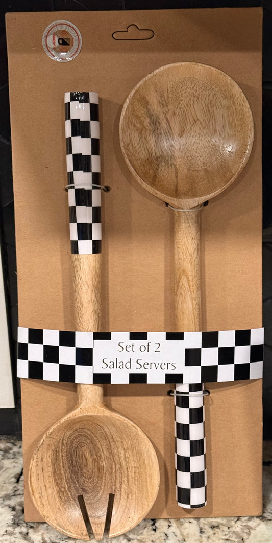 New Made in India set of 2 checked handled wood serving spoons