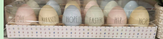 New Rae Dunn wood pastel Easter egg 12-piece decor boxed set, mixed sayings