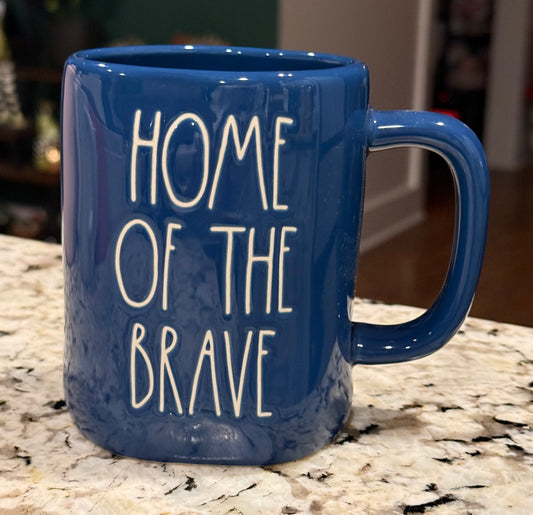 New Rae Dunn Americana blue ceramic coffee mug HOME OF THE BRAVE