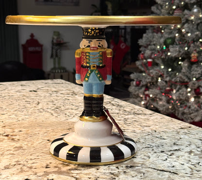 New Home for the Holidays ceramic Nutcracker courtly check cake stand 8” Christmas decor