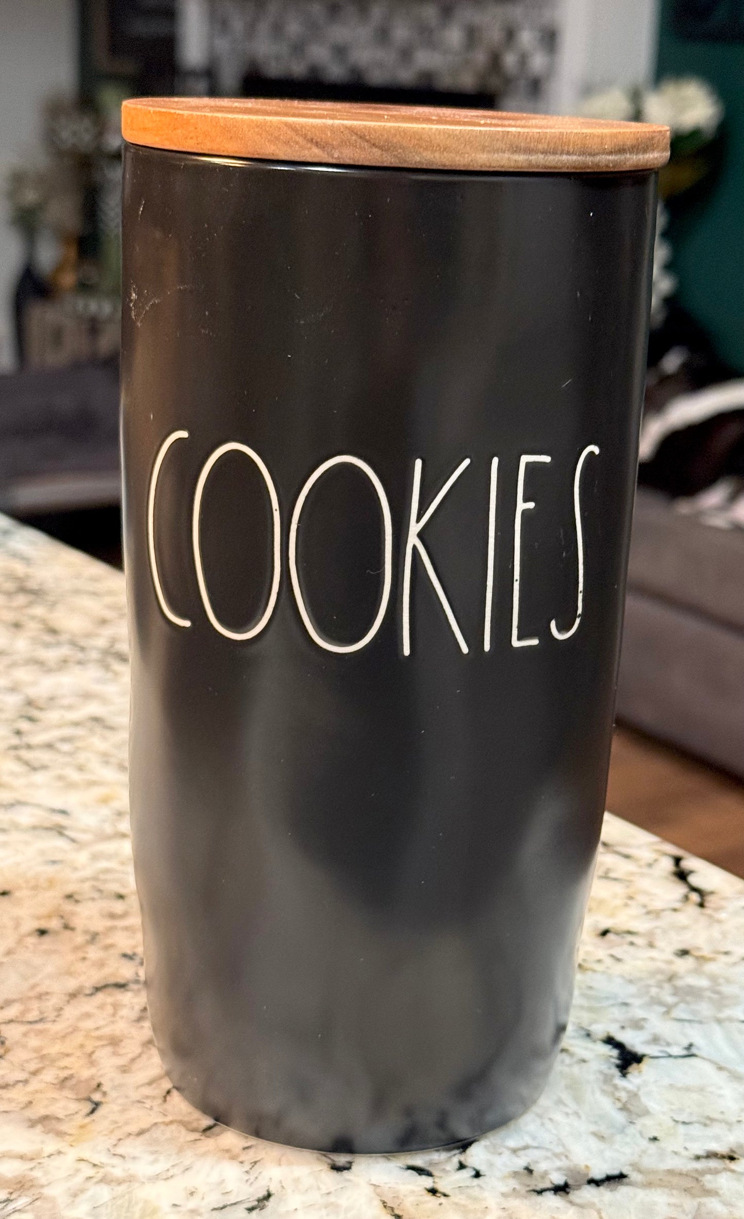 New Rae Dunn black ceramic wood lid storage cellar COOKIES