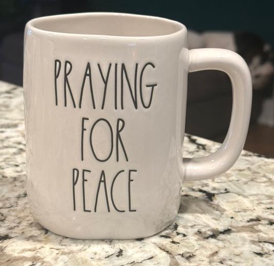 New Rae Dunn white ceramic coffee mug PRAYING FOR PEACE