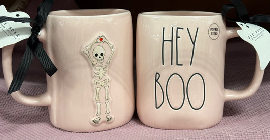 New Rae Dunn pink ceramic Halloween coffee mug HEY BOO