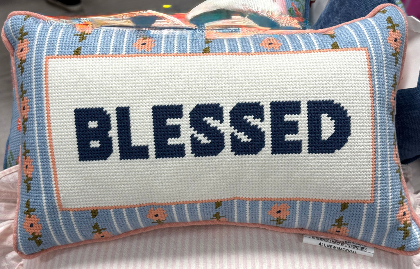 New Cupcakes and Cashmere blue needlepoint floral embroidered throw pillow 9x16 BLESSED