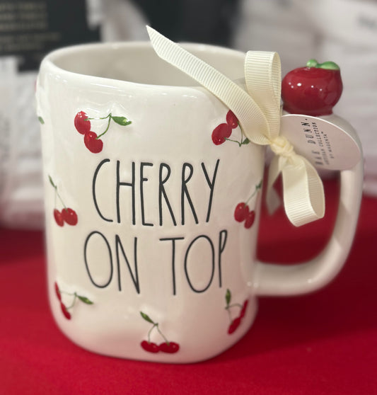 New Rae Dunn white cherry print ceramic coffee mug CHERRY ON TOP