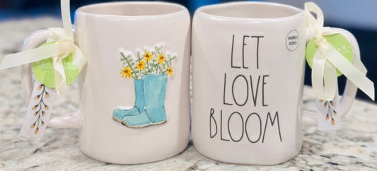 New Rae Dunn floral boot ceramic coffee mug LET LOVE BLOOM
