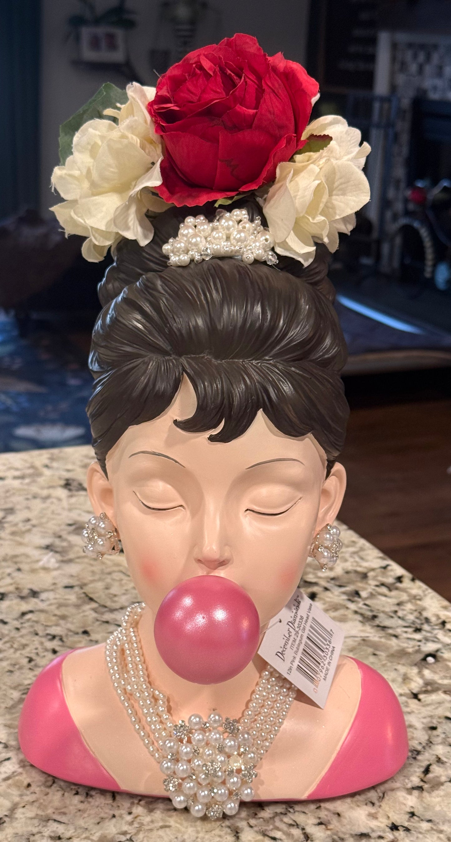 New December Diamonds 12in Pink Bubblegum Girl Head Vase