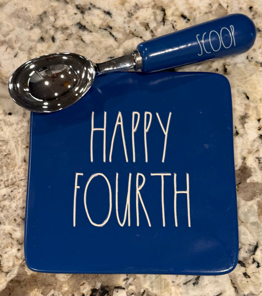 New Rae Dunn blue ceramic Americana set HAPPY FOURTH hot plate holder & SCOOP spoon