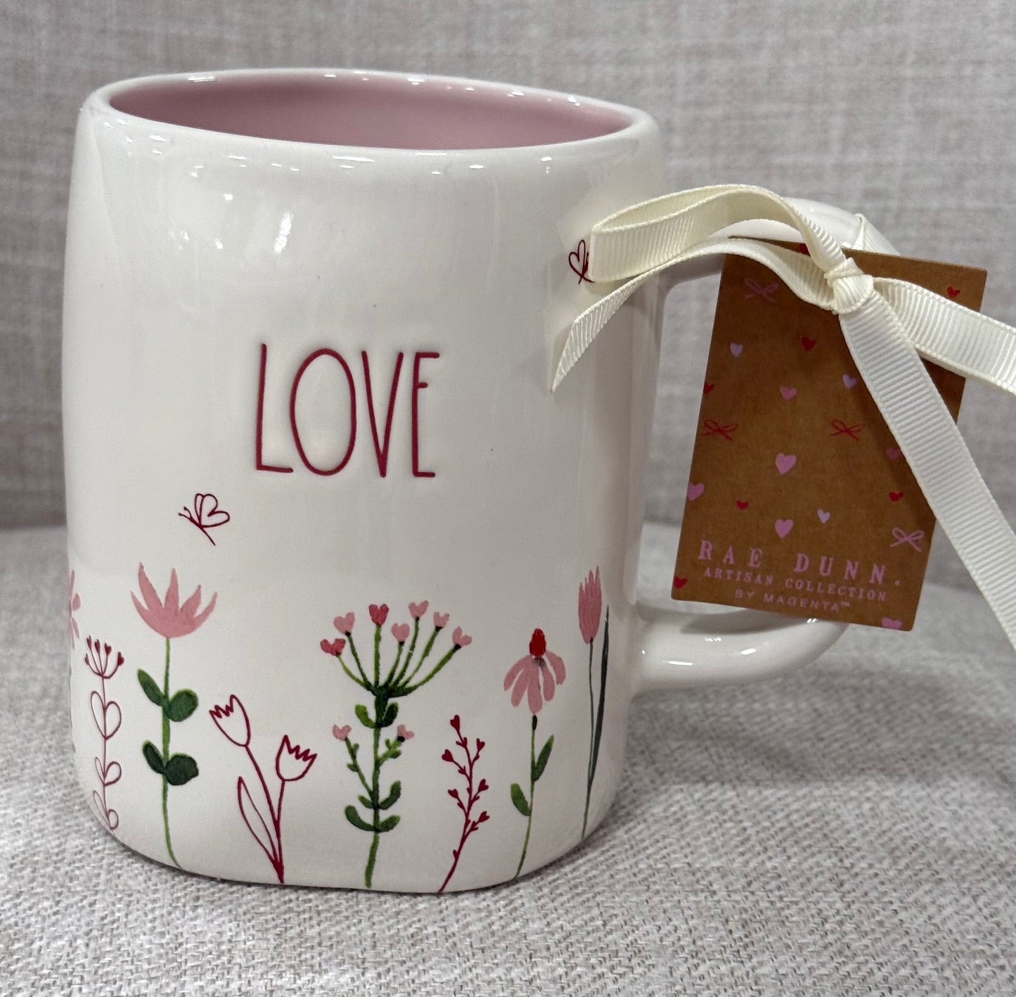 New Rae Dunn floral ceramic mug LOVE (red wtiting)