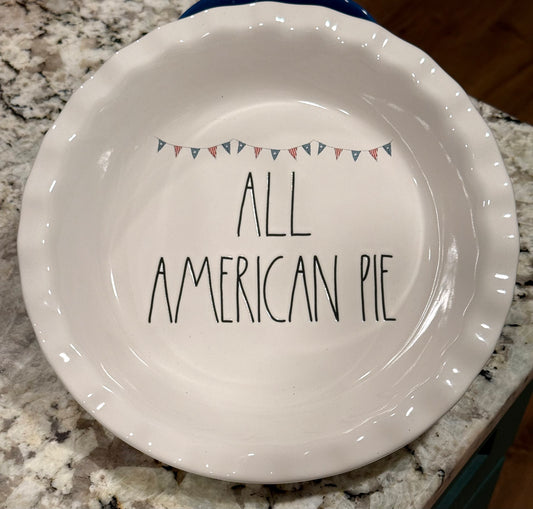 New Rae Dunn Americana ceramic pie plate ALL AMERICAN PIE flag banner