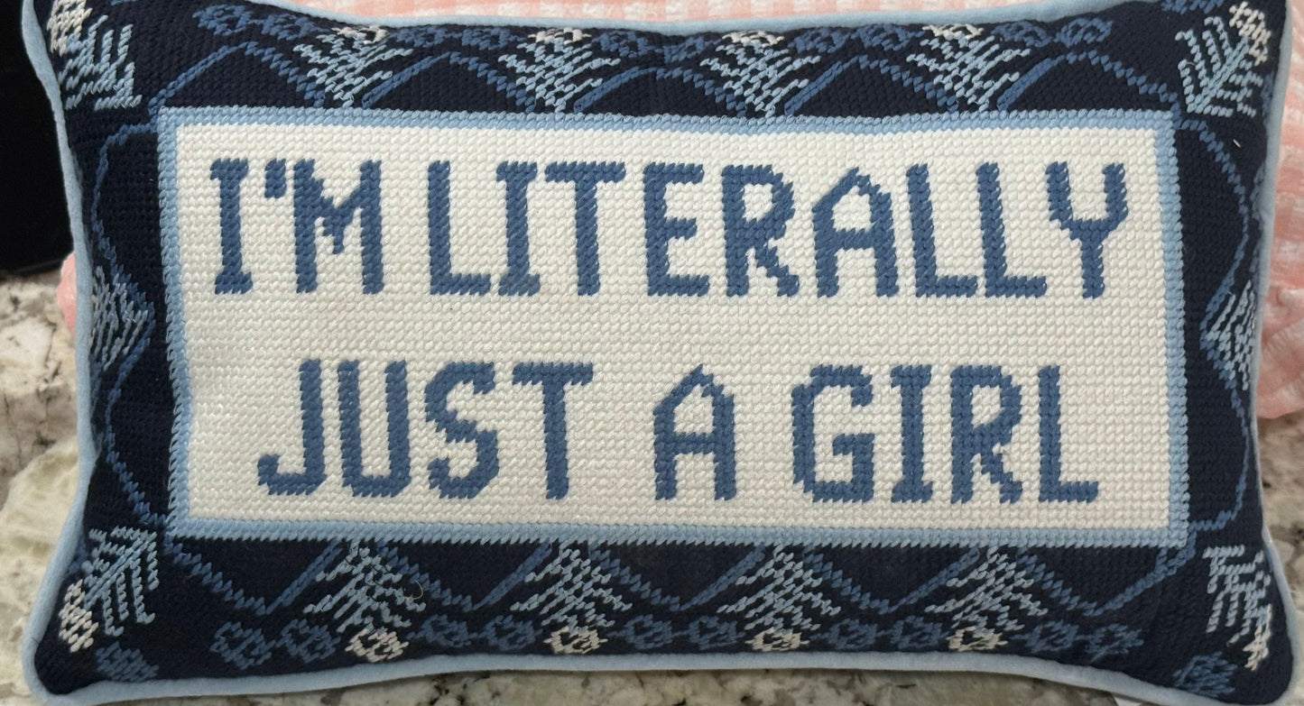 New Cupcakes and Cashmere blue needlepoint throw pillow I’M LITERALLY JUST A GIRL