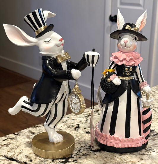 New 2-piece resin black/white/pink Easter Bunny decor set 10”