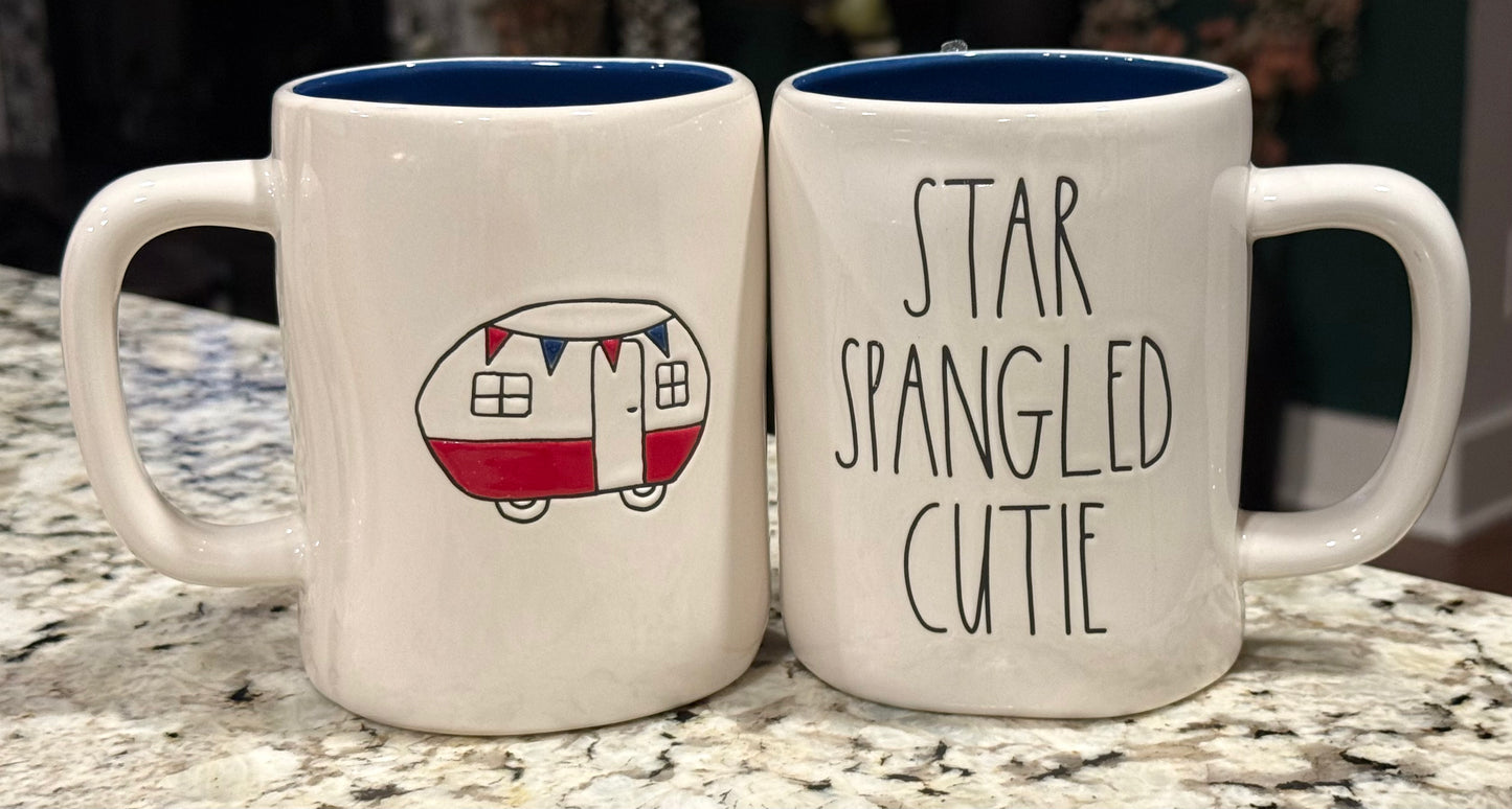 New Rae Dunn Americana white ceramic STAR SPANGLED CUTIE coffee mug camper back