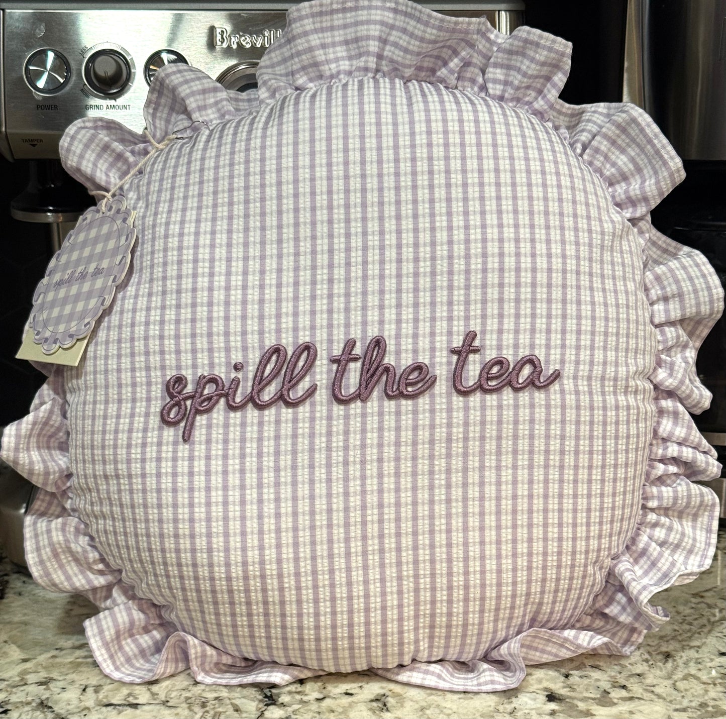 New purple gingham, ruffled trim throw pillow decor SPILL THE TEA