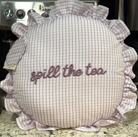 New purple gingham, ruffled trim throw pillow decor SPILL THE TEA