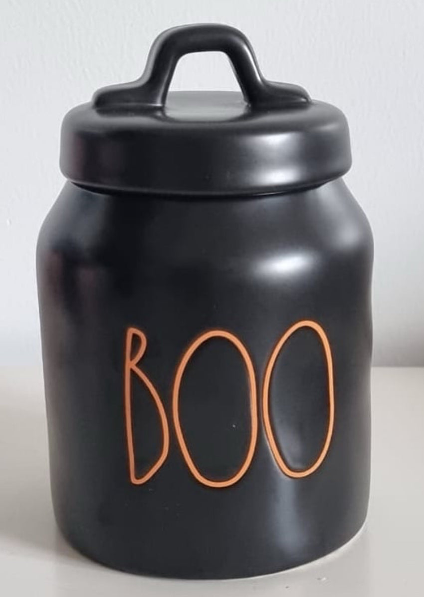 New Rae Dunn ceramic baby black canister BOO -orange font