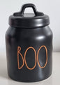 New Rae Dunn ceramic baby black canister BOO -orange font