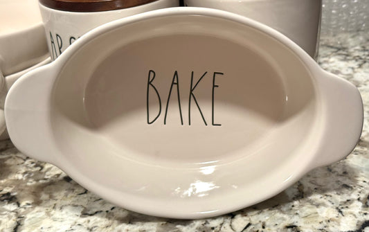New Rae Dunn white ceramic 5” BAKE mini dish