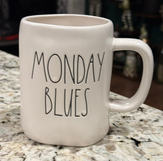 New Rae Dunn white ceramic coffee mug MONDAY BLUES