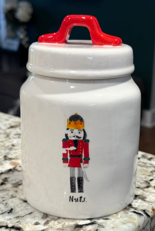 Rae Dunn white ceramic nutcracker canister NUTS retired, hard to find, vintage