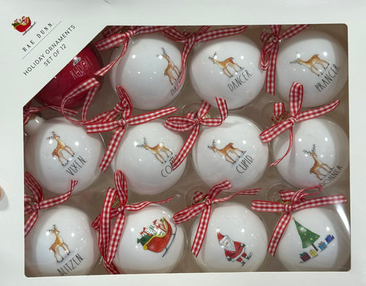 New Rae Dunn 12-piece reindeer named glass Christmas ornament set