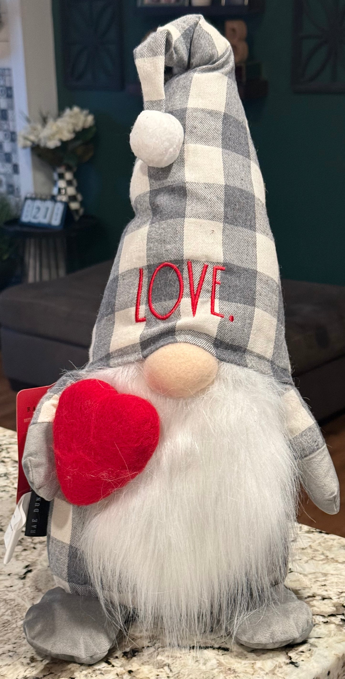 Rae Dunn plaid hat Valentine’s Day decor gnome LOVE.