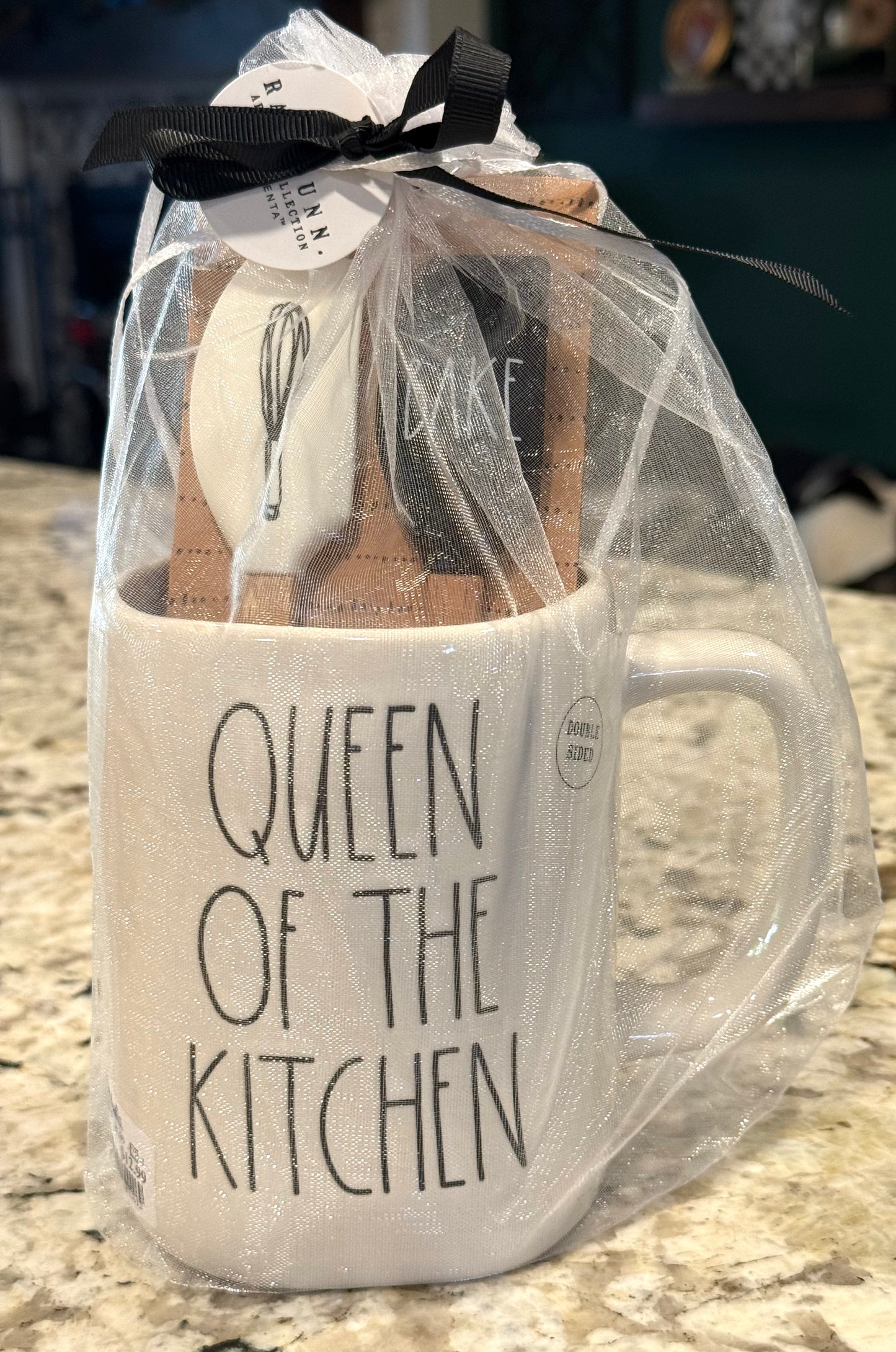 New Rae Dunn white ceramic coffee mug with mini spatulas QUEEN OF THE KITCHEN