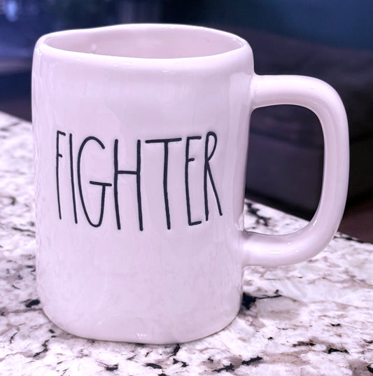 Rae Dunn white ceramic coffee mug FIGHTER