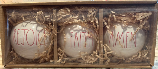 New Rae Dunn white/red writing 3-piece ceramic Christmas ornament box set
