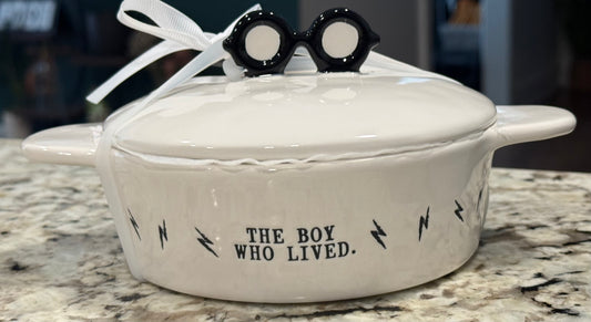 New Rae Dunn x Harry Potter ceramic covered baking dish THE BOY WHO LIVED