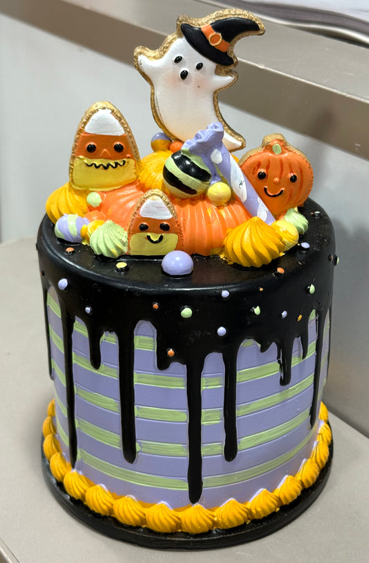 New resin fudged dripped purple/green striped Halloween cake decor