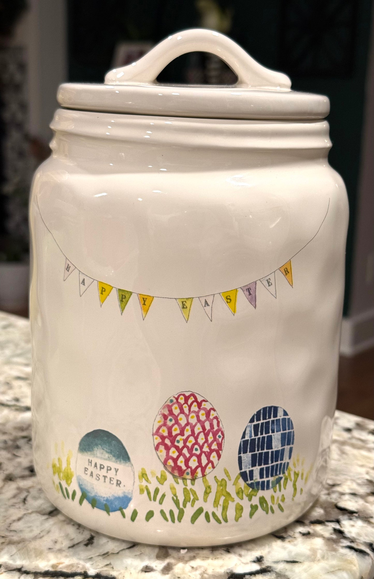 Rae Dunn white ceramic HAPPY EASTER egg print 8” canister/cookie jar