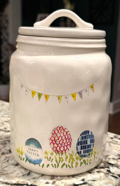 Rae Dunn white ceramic HAPPY EASTER egg print 8” canister/cookie jar