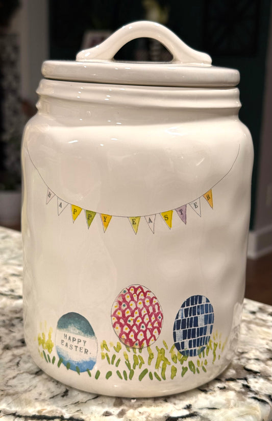 Rae Dunn white ceramic HAPPY EASTER egg print 8” canister/cookie jar
