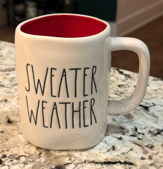 New Rae Dunn white ceramic fall coffee mug decor SWEATER WEATHER -red interior