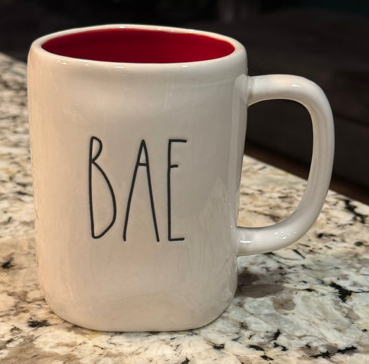 New Rae Dunn white ceramic coffee mug BAE-red interior