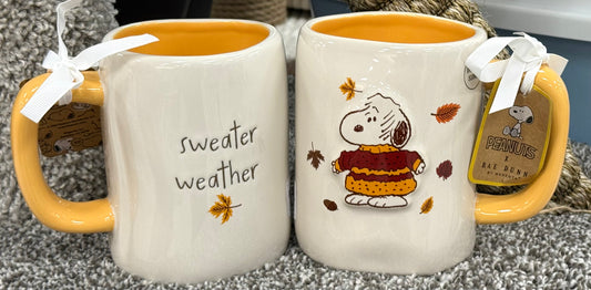 New Rae Dunn x Peanuts Snoopy ceramic fall coffee mug SWEATER WEATHER