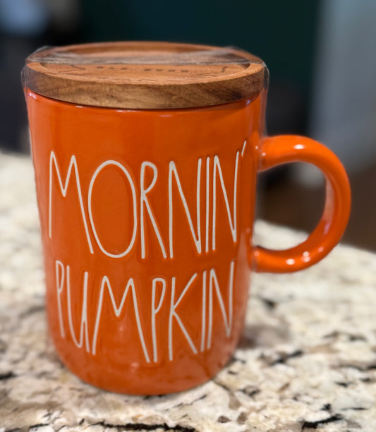 New Rae Dunn ceramic orange coffee mug with coaster lid MORNIN’ PUMPKIN