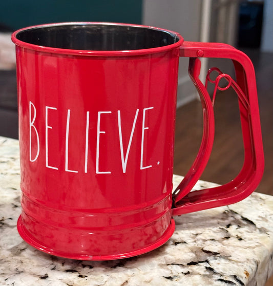 New Rae Dunn red metal Christmas flour sifter BELIEVE
