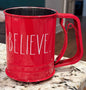 New Rae Dunn red metal Christmas flour sifter BELIEVE