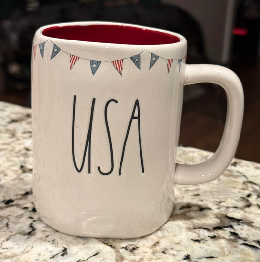 New Rae Dunn Americana ceramic coffee mug USA flag banner