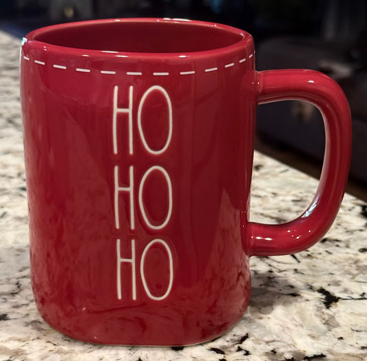 New Rae Dunn red ceramic Christmas mug HO HO HO stitching*