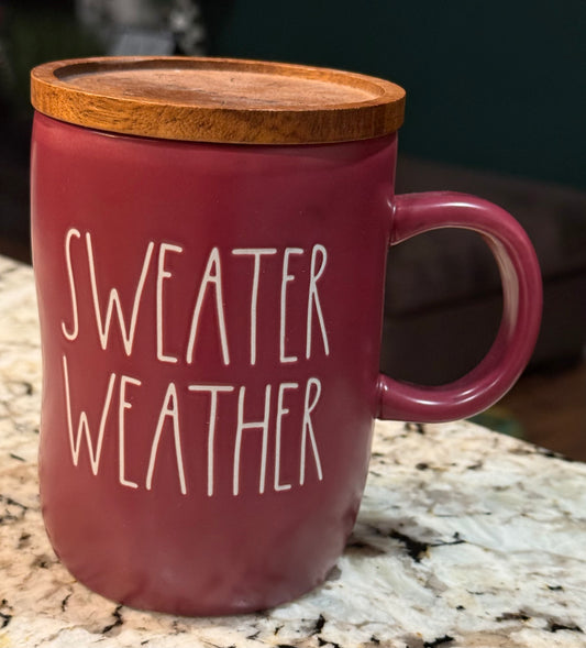 New Rae Dunn burgundy ceramic mug SWEATER WEATER coaster top lid